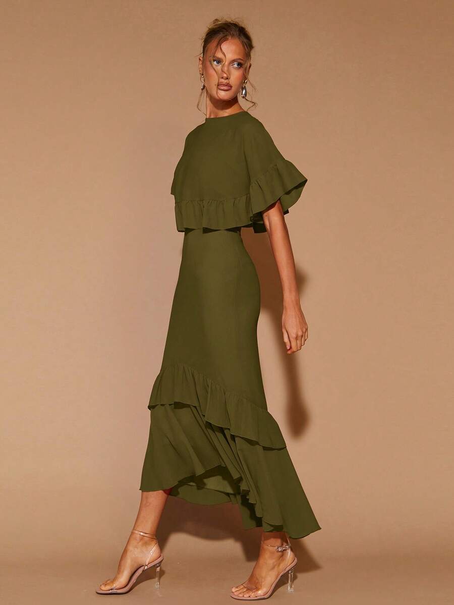 COSMINA Women's Elegant Ruffle Short Sleeve Round Neck Long Dress For All Seasons, Valentine's Day, Date, Party - Army Green - View 1