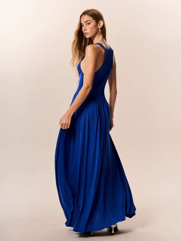 Willow Rêve Blue Round Neck Fitted Knit Dress, Vacation Style, Romantic Style, Boho Style