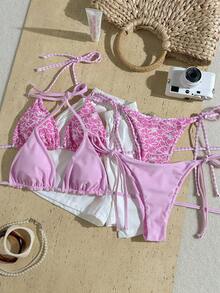 Swim Oasis 4件組夏季度假泳裝套裝，隨機甜美粉色花卉印花可正反穿，掛脖三角比基尼上衣與高衩比基尼泳褲，性感比基尼套裝，辣妹掛脖綁帶泳裝套裝，適合海邊拍照 - 彩色 - 查看 2