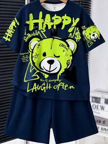 SHEIN Tween Boy Casual Comfortable Minimalist Round Neck Short Sleeve T-Shirt And Shorts Set - Multicolor - View 4