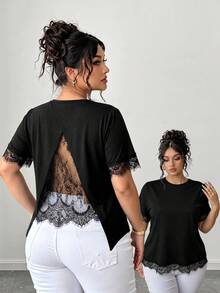 EMERY ROSE Plus Size Women's Vacation T-Shirt With Asymmetrical Back Design And Lace Patchwork Details - Black - View 1