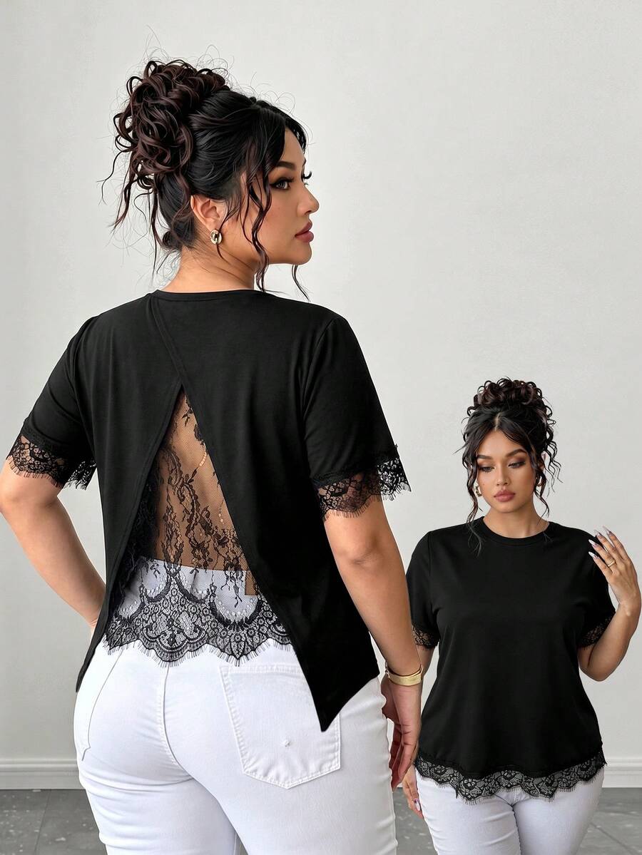 EMERY ROSE Plus Size Women's Vacation T-Shirt With Asymmetrical Back Design And Lace Patchwork Details - Black - View 1