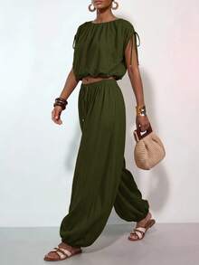 Zivah Women's Solid Color Pleated Top And Lantern Pants Casual Daily Set - Army Green - View 1
