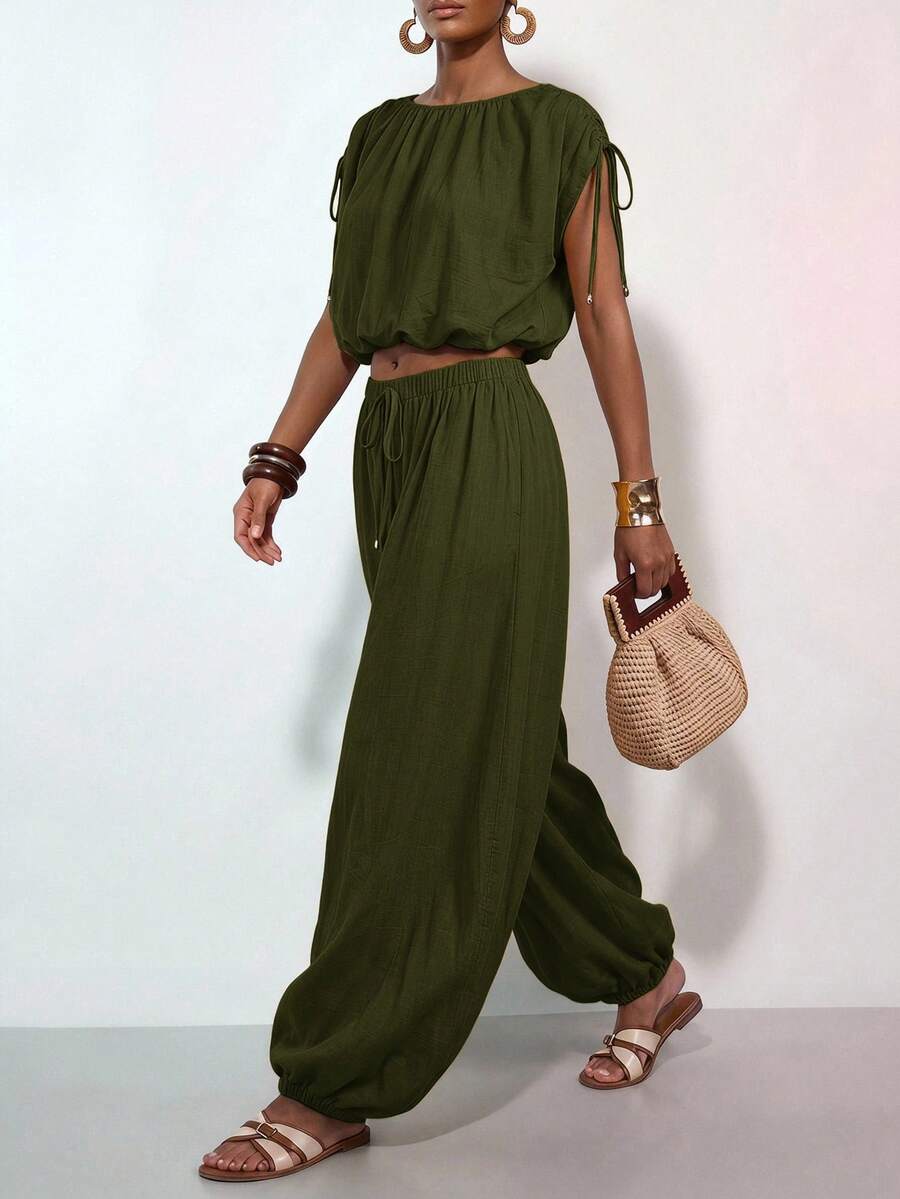 Zivah Women's Solid Color Pleated Top And Lantern Pants Casual Daily Set - Army Green - View 1