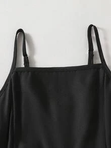 SHEIN 青少年女孩休閒夏季套裝：黑色荷葉邊吊帶背心 & 花卉條紋短褲 - 黑色 - View 4