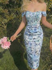 SHEIN MOD Women's Floral Print Off-Shoulder Fitted Elegant Dress - Blue - View 1