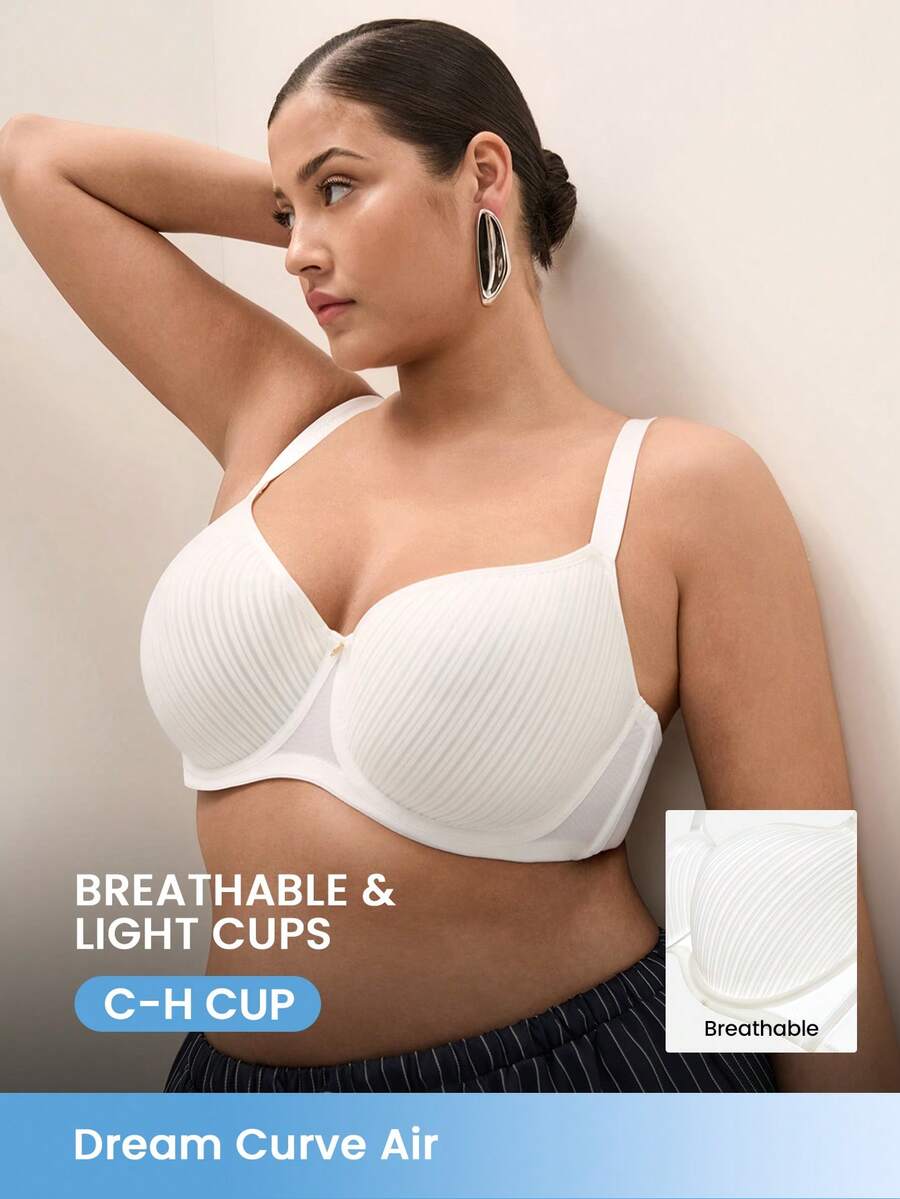 LUVLETTE Plus Dream Curve Air Full Coverage Minimizer Seamless No Show Breathable Mesh Ultra-Light Summer Sandwich Stripe White Support Bra - White - View 1