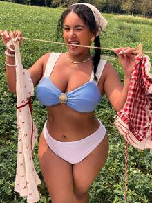 Swim Vcay 女士大码泳衣上装，夏季甜美浅蓝白撞色，清新抹胸宽肩带设计，贝壳装饰，温柔度假风，适合海滩度假 - 藍色 - 查看 4