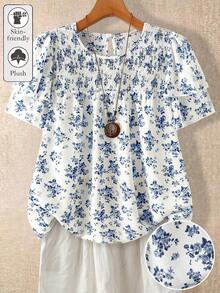 SHEIN LUNE CURVE 大尺碼女款素色圓領雙層袖短袖休閒襯衫，休閒時尚百搭壓褶夏季度假女上衣，度假夜店出遊上衣 - 藍色 - 查看 1