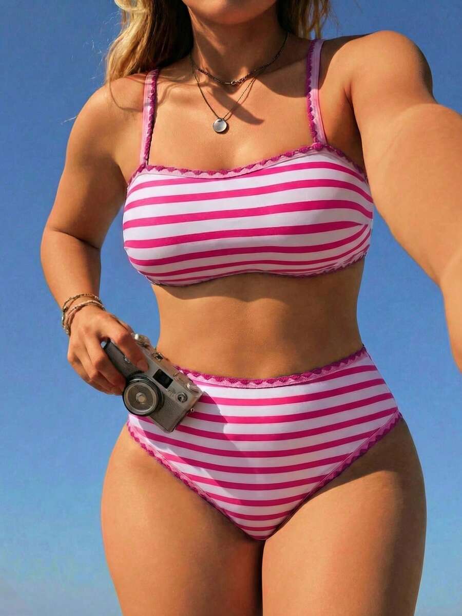 Swim Vcay 大尺碼女款夏季海灘度假條紋時尚比基尼兩件式泳衣套裝