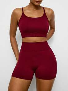 Levarali Plus Size Women's Solid Color Cami Tank Top And Shorts Sports Set Sports Bra And Athletic Shorts Set, Yoga Outfit For Daily Workouts And Running - Burgundy - View 4