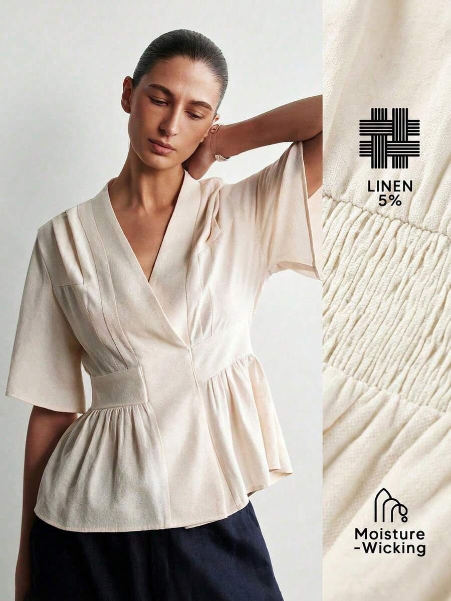 Aalyst 女士春夏格纹亚麻法式优雅衬衫，适合办公室、休闲、度假、浪漫下午茶、海滩派对等场合，复古褶皱设计，喇叭袖，收腰A字长款衬衫，杏色