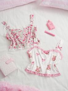 SweetSlumber Süßes niedliches Y2K Cartoon Bär Schleife Ditsy Blumen Spitze Patchwork figurbetontes Camisole Crop Top 2er Set Damen Pyjama Oberteil - Verschiedenfarbig - Übersicht 1