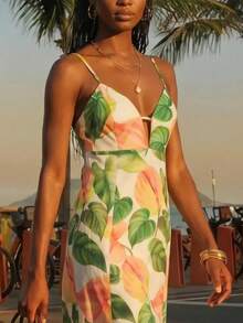 CAJUNI Women's Leaf Print Casual Tropical Vacation Daily Outing Beach Mini Strap Dress White Summer - Multicolor - View 4