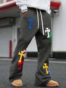 PAVTROS Men's Fashion Versatile Drawstring Waist Cross Embroidery Sweatpants With Pockets - Dark Grey - View 3