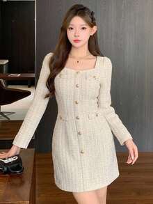 DAZY Vestido corto con cuello cuadrado y botones texturizados para mujer - Blanco - Ver 6