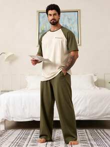 DAZY Conjunto de ropa de estar en casa con mangas raglán y color contrastante para hombres, pijamas de primavera/verano - Verde militar - Ver 4