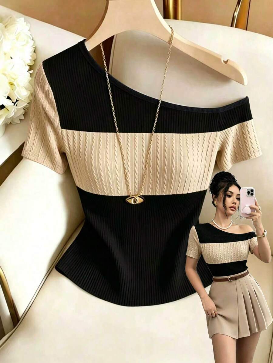 SHEIN Raffinéa Camiseta Feminina Preta Elegante e Chique de Estilo Francês com Ombro Assimétrico, Manga Curta, Patchwork Premium, Única, Primavera/Verão, Camiseta Feminina Primavera/Verão, Camiseta Feminina Sexy, Top de Manga Curta, Camiseta Feminina Primavera/Verão, Roupa de Primavera, Look de Verão, Férias, Passeio, Y2K, Primavera/Verão, Temporada de Volta às Aulas, Casual, Praia, Negócios, Versátil, Sexy, Férias na Praia, Dia dos Namorados, Top Preto Feminino - Preto - Visão 1