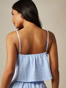 MISSGUIDED Gingham Check Lace Trim Cami Top With Tie Front Detail Spaghetti Strap Lounge Crop Top - Blue and White - View 2