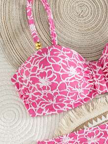 Swim Lushoire Women's Summer Beach All-Over Print Ruched Spaghetti Strap Bikini Top And Triangle Bottom Two-Piece Swimsuit Set - Pink - View 7