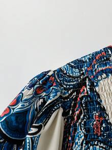 Linhara 大尺碼女款花卉圓領雙層袖短袖休閒襯衫，休閒時尚百搭百褶夏季度假女上衣，田園風短袖襯衫波西米亞女襯衫夏季復古女上衣 - 藍色 - 查看 7