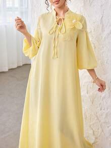 Yasmyna Yellow Sweet Lantern Sleeve Tie-Waist Loose Flowy Elegant Holiday Dress For Women - Yellow - View 10