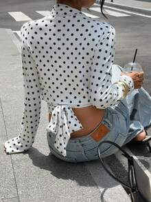 Siren Gaze Damen Sommer Neu Polka Dot Ausgeschnitten Schnürung Langarm T-Shirt - Weiss - Übersicht 8
