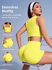 SHEIN Sovereign Charm Women's Solid Color Ribbed Sports Tank Top And Shorts Set - Butter Yellow - View 2