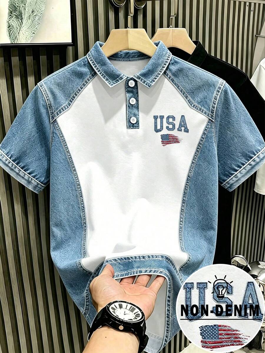 Manfinity Hypemode 男士白色藍色拼接USA字母印花 Polo 衫,夏季休閒,適合城市漫步、後院聚會、觀光旅遊、聚會與儀式場合 - 彩色 - 查看 1