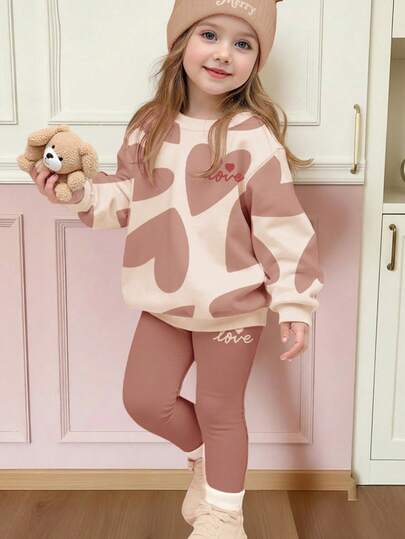 Conjunto Rosa Dulce, Estampado Geométrico Abstracto de Corazón Lindo para Niña Joven, Sudadera de Cuello Redondo de Manga Larga y Leggings Casuales Cómodos Suaves y Cálidos para Niña Joven, Adecuado para Uso Diario en Otoño/Invierno. Paleta de Colores Maillard, Vacaciones, Día de San Valentín, Temporada Acogedora