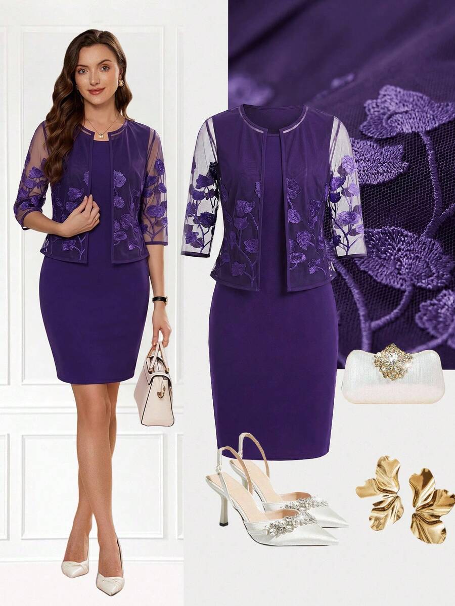SHEIN Clasi 女款亮片派對洋裝與合身短版中袖外套 2 件組 - 紫色 - 查看 1