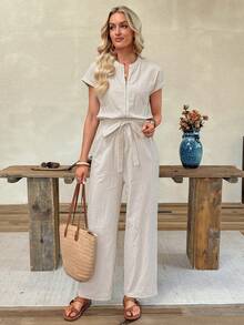 EMERY ROSE Jumpsuit Kasual Wanita Warna Polos dengan Resleting Depan dan Tali Pinggang - Khaki - View 7