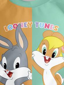 LOONEY TUNES X SHEIN 女婴休闲日常通勤可爱卡通兔子字母图案撞色圆领卫衣，春秋季 - 白色 - 查看 4