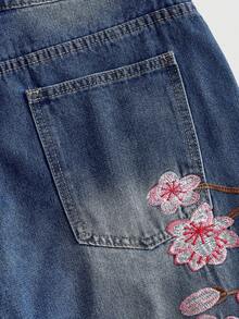 ROMWE MEN Street Life 男士刺繡磨損牛仔短褲 - 藍色 - 查看 5