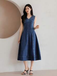 DAZY Women's Slim Fit V-Neck Long Denim Dress, Spring & Summer - Blue - View 6