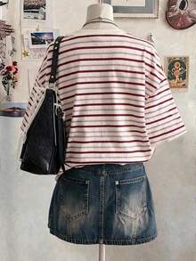 青少年女孩數位條紋圖案短袖春夏休閒舒適時尚夏季百搭套裝，適合戶外運動、戶外野餐、街頭攝影、居家、校園、度假、禮物，美式復古風格 - 彩色 - 查看 2