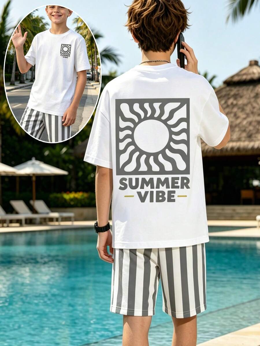 1套男童灰色夏季太陽印花短袖上衣與短褲套裝,灰色與白色垂直條紋短褲,夏季時尚新風格,帥氣舒適百搭,適合日常出遊、上學與假期 - 彩色 - 查看 1