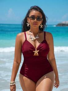 Swim Lushoire 大尺碼一件式收腹顯瘦純色泳衣 - 紅色 - 查看 5