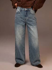 Athîral Denim Women's Star Pattern Washed Pocket Button Zipper Jeans - Light Wash - View 3