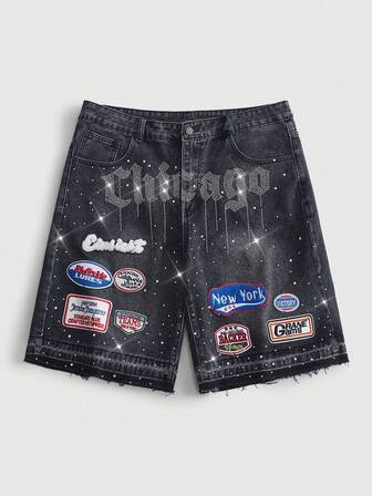 Shorts de mezclilla casuales y versátiles para hombres, para uso diario y viajes, con bolsillo, botón y estampado de letras