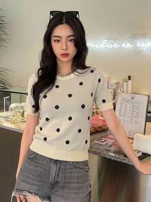 DAZY 女款圓領波點圖案時尚百搭夏季T恤 - 白色 - 查看 3