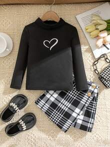 SHEIN Young Girl Heart Print High Neck Long Sleeve T-Shirt And Houndstooth Skort Set - Multicolor - View 8