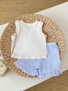 SHEIN Baby Girl Bow Decor Tank Top & Striped Shorts Set - Blue and White - View 6