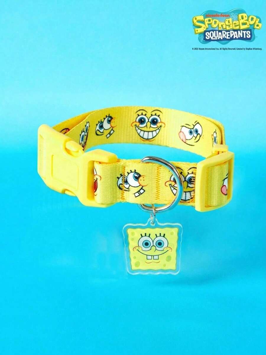 SpongeBob SquarePants | PETSIN Cartoon Heat Transfer Pet Collar, Lively And Fun Print, Breathable Material For Comfortable Wear, Sturdy Buckle, Adjustable Quick-Release Buckle Design For Easy On/Off, Creates A Happy Pet Look - Yellow - View 1