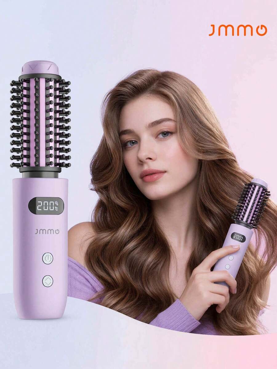 JMMO Spazzola rotonda ad aria calda senza fili, pettine arricciante volumizzante portatile ricaricabile, arricciacapelli in ceramica con temperatura regolabile LCD per acconciature da viaggio e casa - Viola - Visualizzare 1