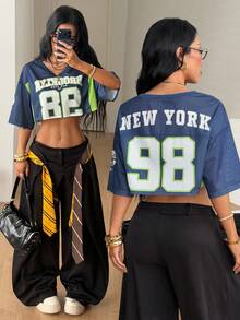 Coolane 女款街頭風酷帥復古運動足球球衣字母印花 Y2K Blokecore 短版百搭 T-shirt - 彩色 - 查看 4