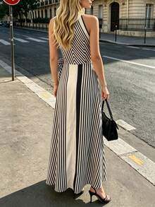 SHEIN Franclia Black & White Striped Halter Dress, Elegant Vacation Style Slimming A-Line Dress, Suitable For Commuting, Dating - Black - View 2