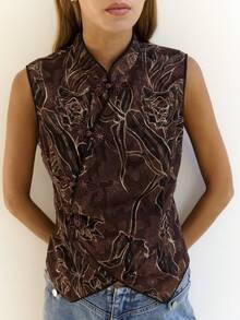 Nöista Mandarin Neck Jacquard Top-For Night Out Vacation, Formal Event, Day-To-Night; Autumn Everyday. - Coffee Brown - View 4