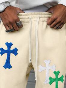 PAVTROS Men's Casual Loose Cross Embroidery Sweatpants - Apricot - View 2