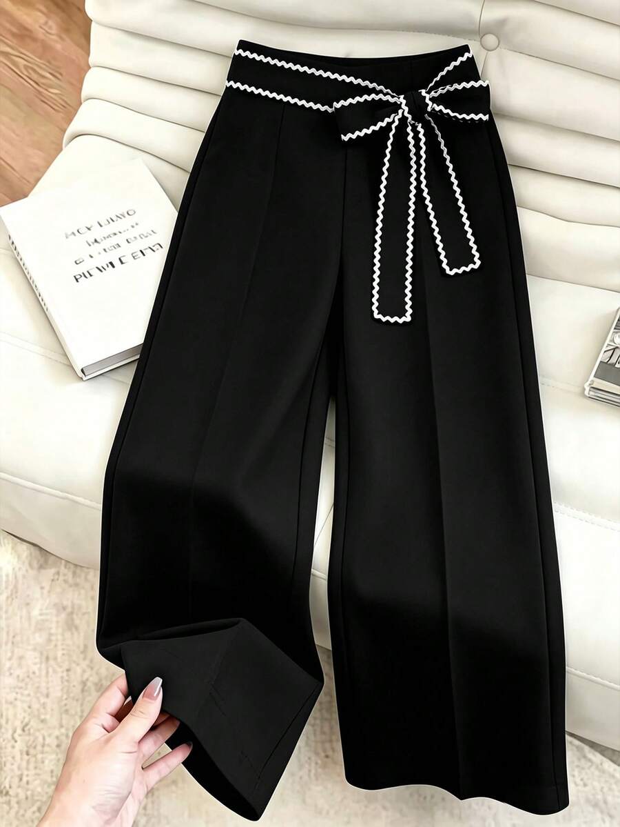 GlowEve CURVE Women's Fashion Elegant Elastic Waistband Invisible Zipper Wavy Webbing Tie Long Pants, Suitable For Daily, Commuting Outfits Fall - Black - View 1